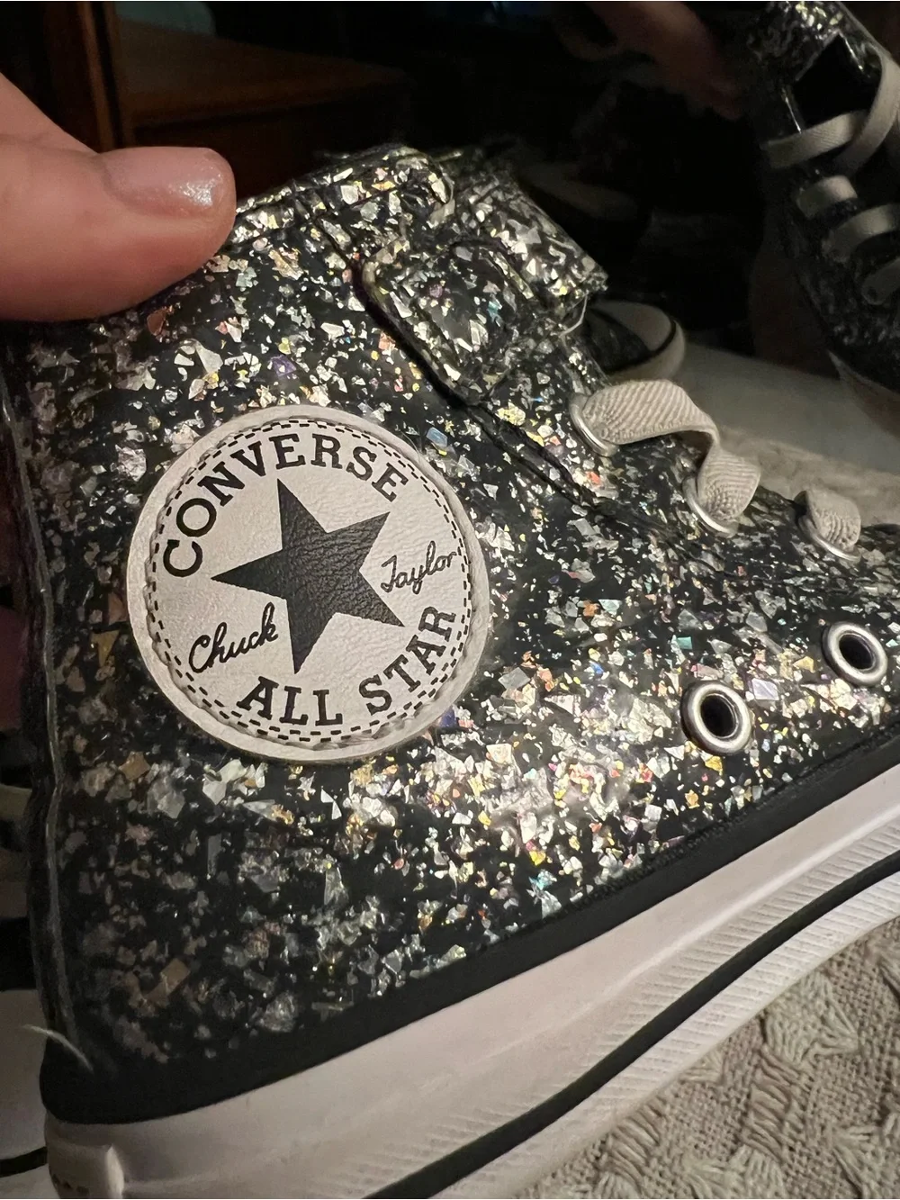 CONVERSE All Star High Top Casual Sneakers Coated Glitter Black Silver Girl's 13